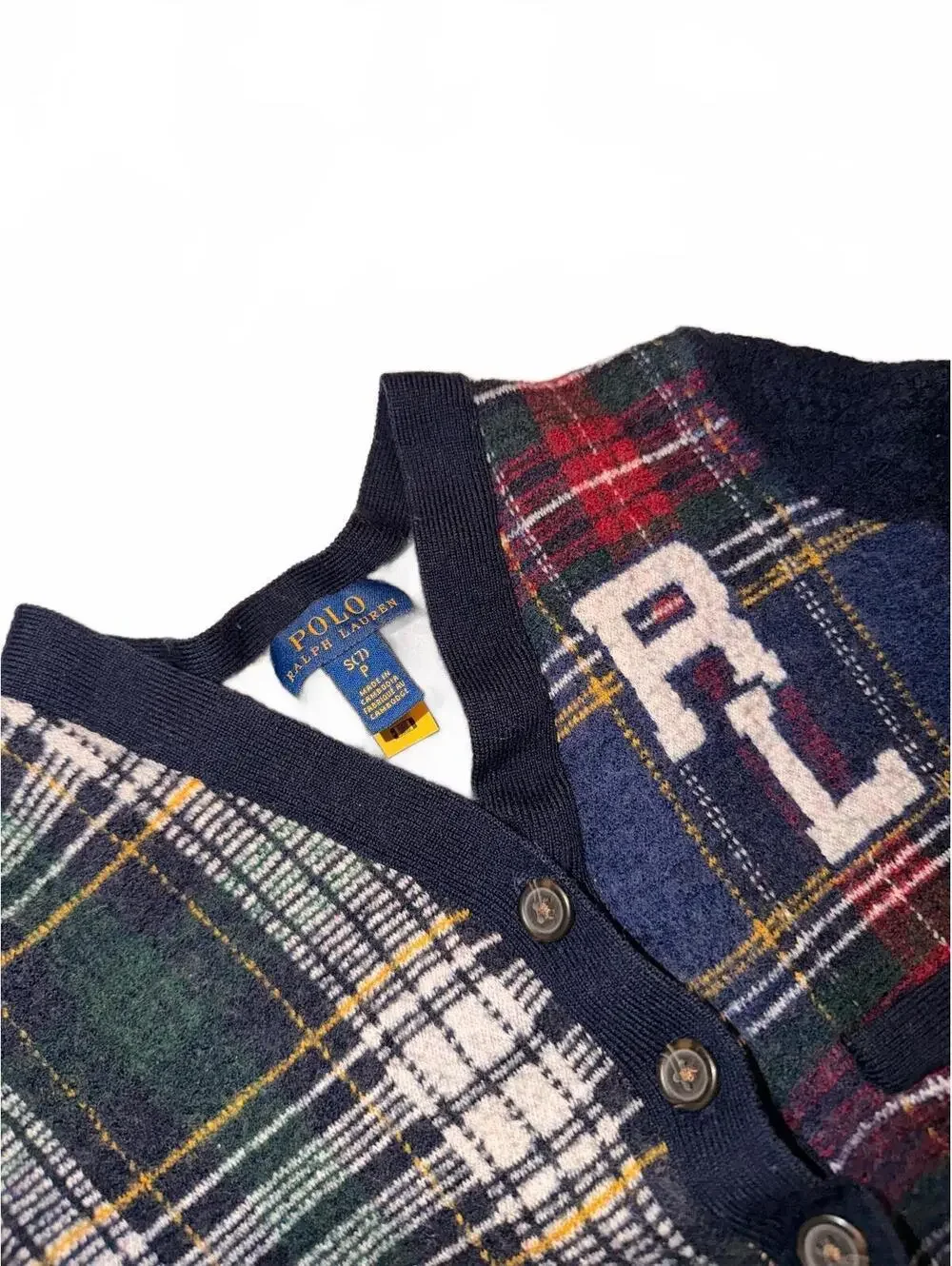 Polo Ralph Lauren Plaid Cardigan Sweater RL Patchwork Knit Size S/P